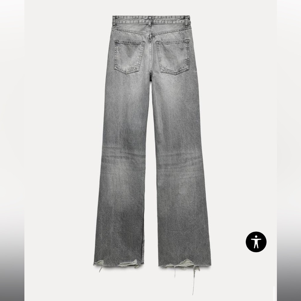 Zara size 2 HIGH-WAISTED distressed- WIDE LEG - FULL LENGTH light gray jeans - Picture 7 of 9